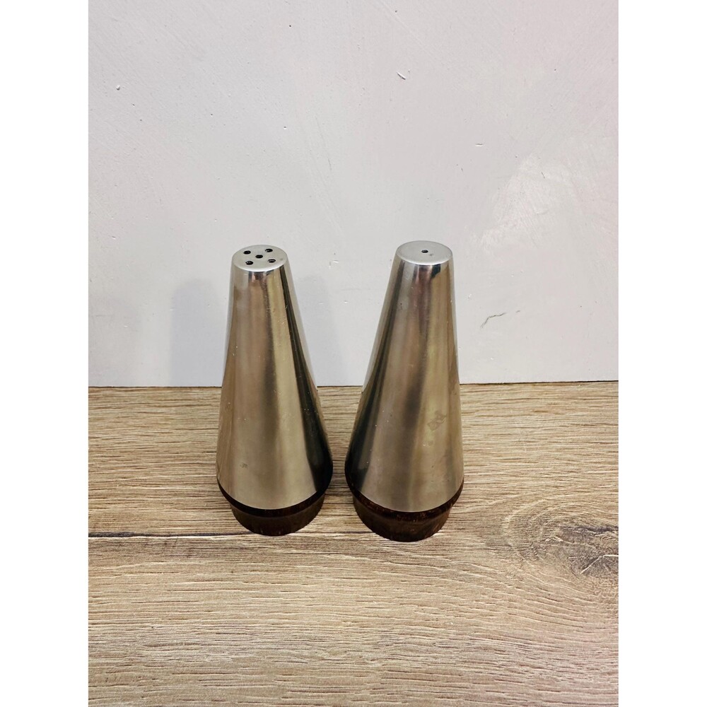 Vintage Danish Lundtofte Lone Sachs MCM Cone Salt & Pepper Stainless and Walnut